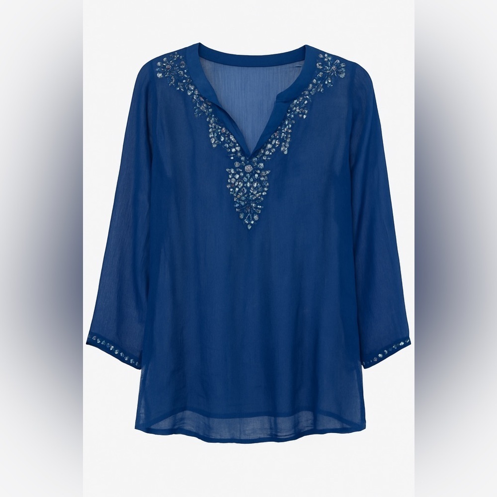 KC Chaudry Boho Sheer Blue Sequin Gauzy Long Sleeve Beaded Top NWT S/M #2101